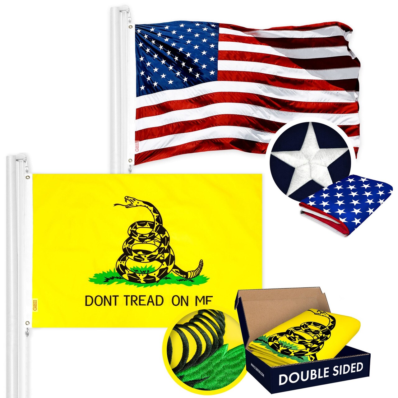 G128 Combo Pack: American USA Flag ToughWeave Series 16x24 In Single Sided & Gadsden Don't Tread On Me Flag Double Sided 16x24 In Double ToughWeave Series | Both Embroidered Polyester, Brass Grommets